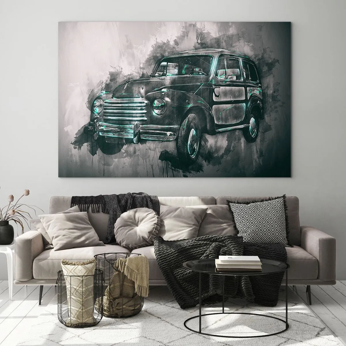 Impression sur verre - Image sur verre - Une vieille voiture aux tons gris et turquoise - 70x50cm - Ancêtre respecté - Décoration murale moderne pour le salon et la chambre ARTTOR