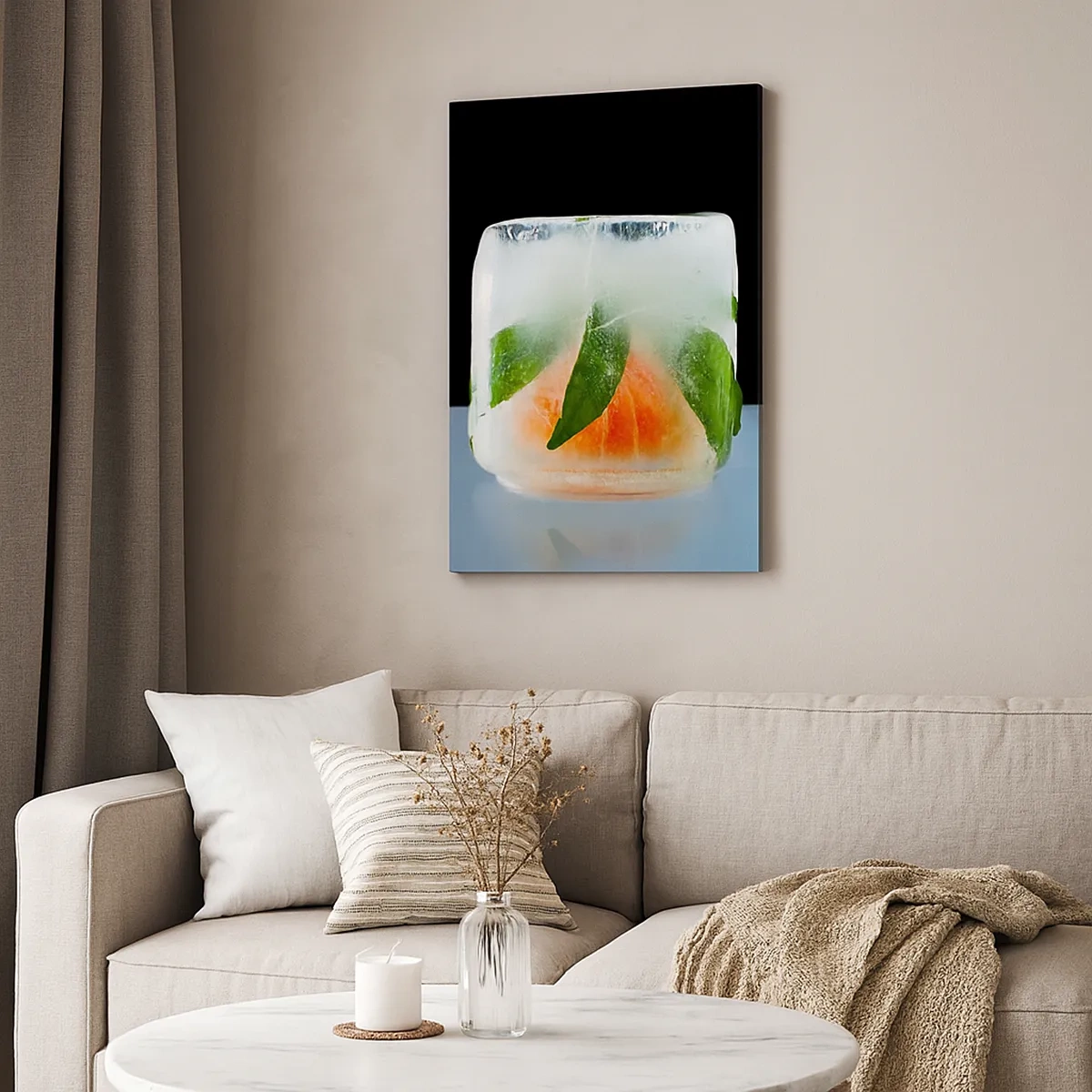 Impression sur toile - Image sur toile - Glaçon à l'orange et aux feuilles - 50x70cm - Fraîcheur et rafraîchissement - Décoration murale moderne pour le salon et la chambre ARTTOR