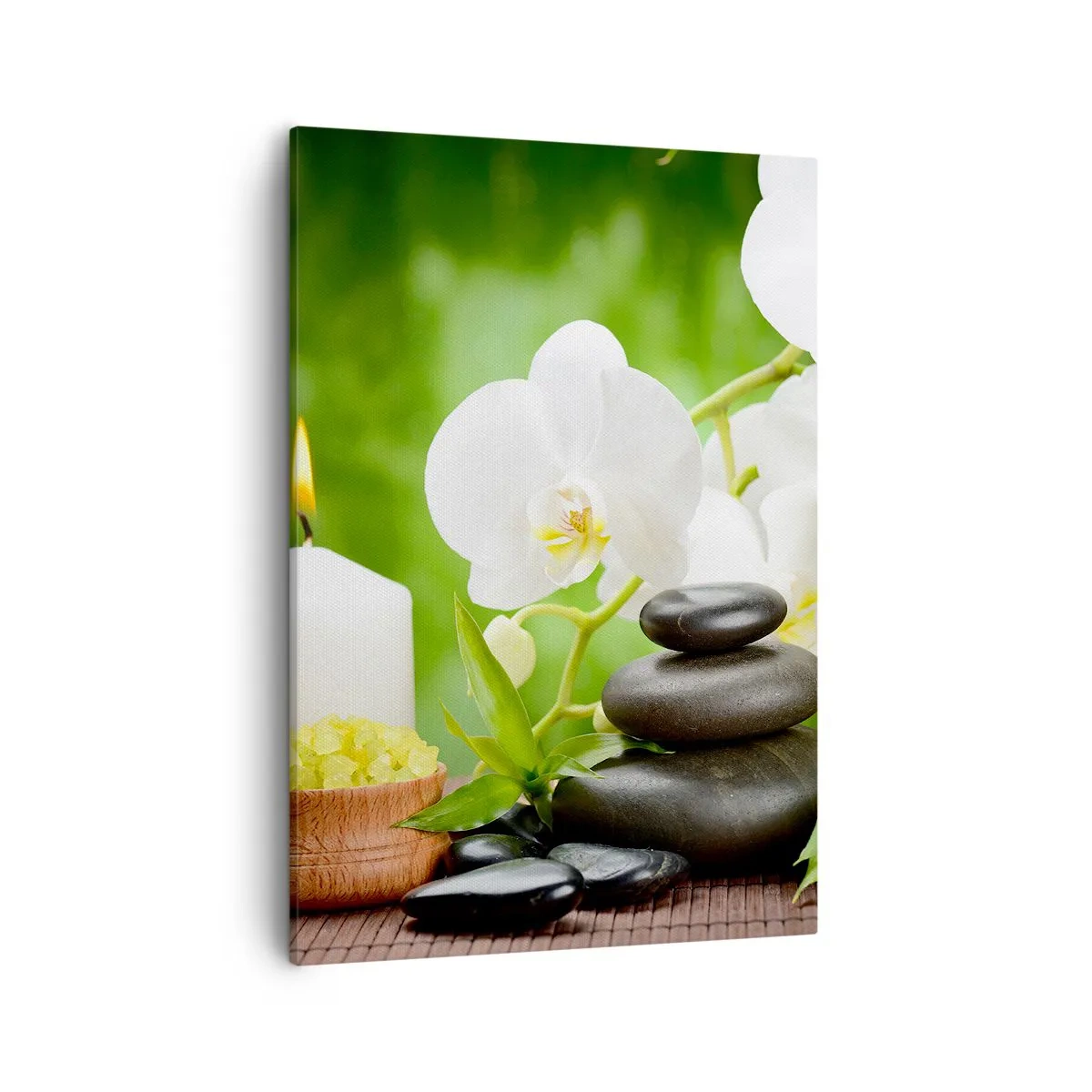 Impression sur toile - Image sur toile - Orchidées, bougies et pierres en pleine nature - 50x70cm - Doux, floral, toucher délicat - Décoration murale moderne pour le salon et la chambre ARTTOR