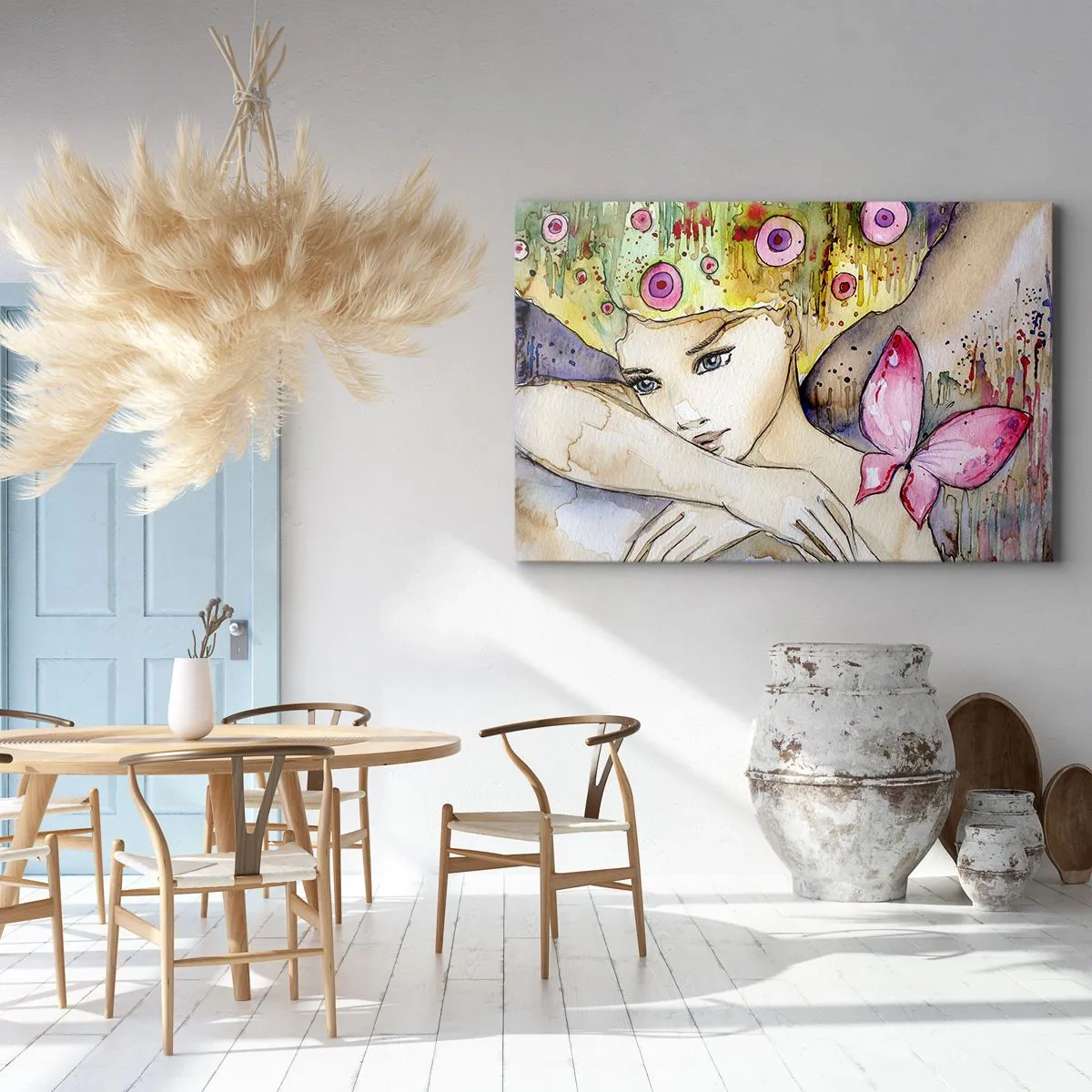 Impression sur toile - Image sur toile - Une femme avec une coiffure abstraite et un papillon rose - 70x50cm - La princesse papillon - Décoration murale moderne pour le salon et la chambre ARTTOR