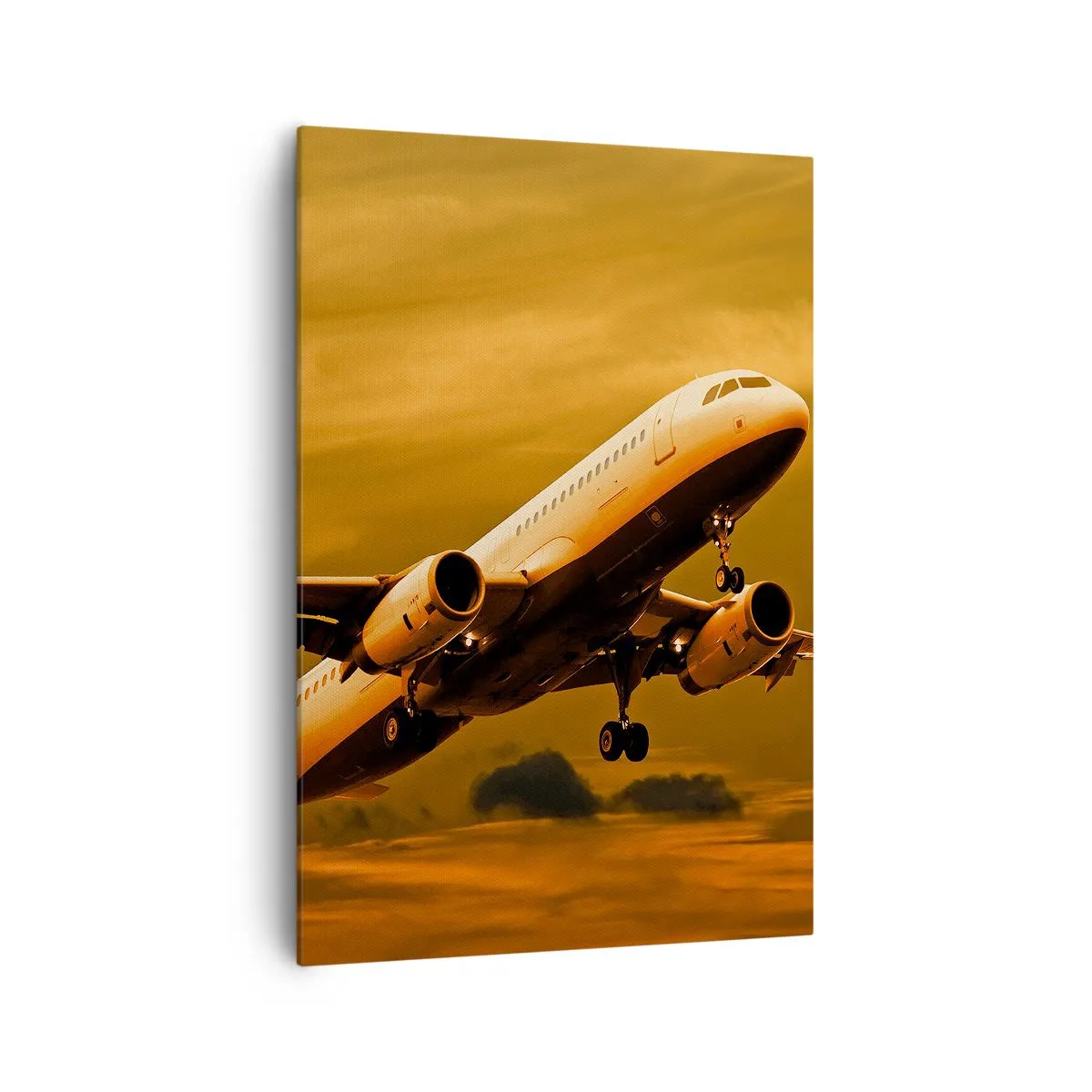Impression sur toile - Image sur toile - Un avion de ligne décollant sous un ciel de coucher de soleil doré. - 70x100cm - Vol vers le soleil - Décoration murale moderne pour le salon et la chambre ARTTOR
