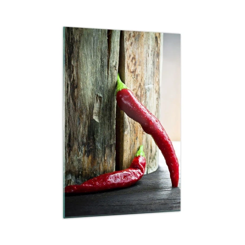 Impression sur verre - Image sur verre - Deux piments rouges sur un fond en bois avec un accent rustique - 70x100cm - Red hot chili peppers - Décoration murale moderne pour le salon et la chambre ARTTOR