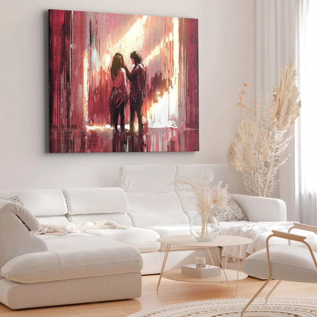 Impression sur toile - Image sur toile - Un couple debout dans une lumière chaude sur fond de motifs abstraits - 120x80cm - L'éternel spectacle de l'amour - Décoration murale moderne pour le salon et la chambre ARTTOR