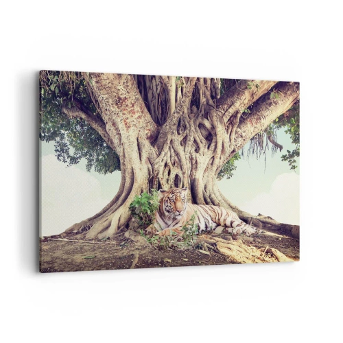 Impression sur toile - Image sur toile - Un tigre se reposant sous un arbre étendu - 120x80cm - Vue du Livre de la Genèse - Décoration murale moderne pour le salon et la chambre ARTTOR