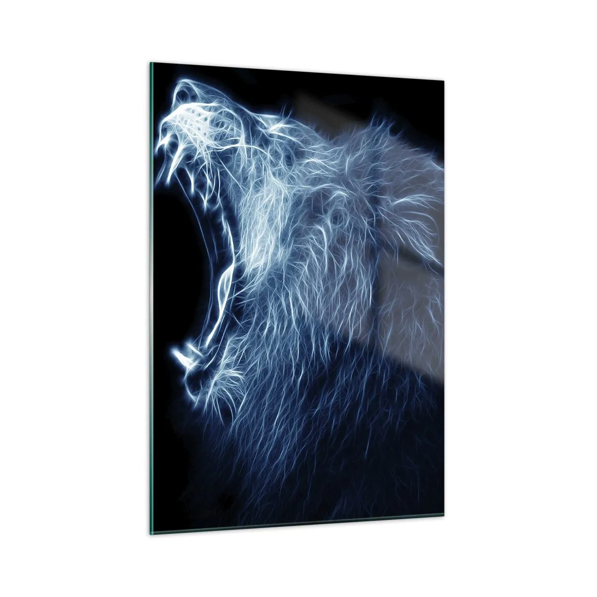 Impression sur verre - Image sur verre - Une représentation néon saisissante d'un lion rugissant sur fond noir. - 50x70cm - La colère ardente du roi - Décoration murale moderne pour le salon et la chambre ARTTOR