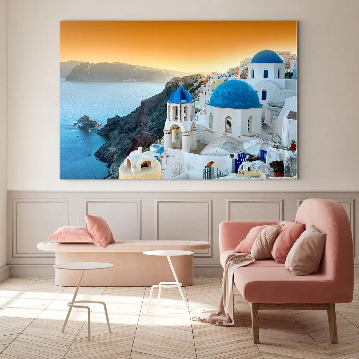 Impression sur verre - Image sur verre - Vue de Santorin avec ses dômes bleus et ses falaises - 70x50cm - Santorin - blotti contre les rochers - Décoration murale moderne pour le salon et la chambre ARTTOR