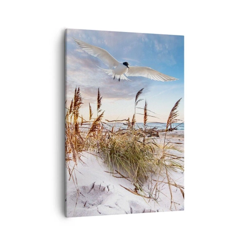 Impression sur toile - Image sur toile - Plage avec des mouettes volant au coucher du soleil - 50x70cm - Vent de mer - Décoration murale moderne pour le salon et la chambre ARTTOR