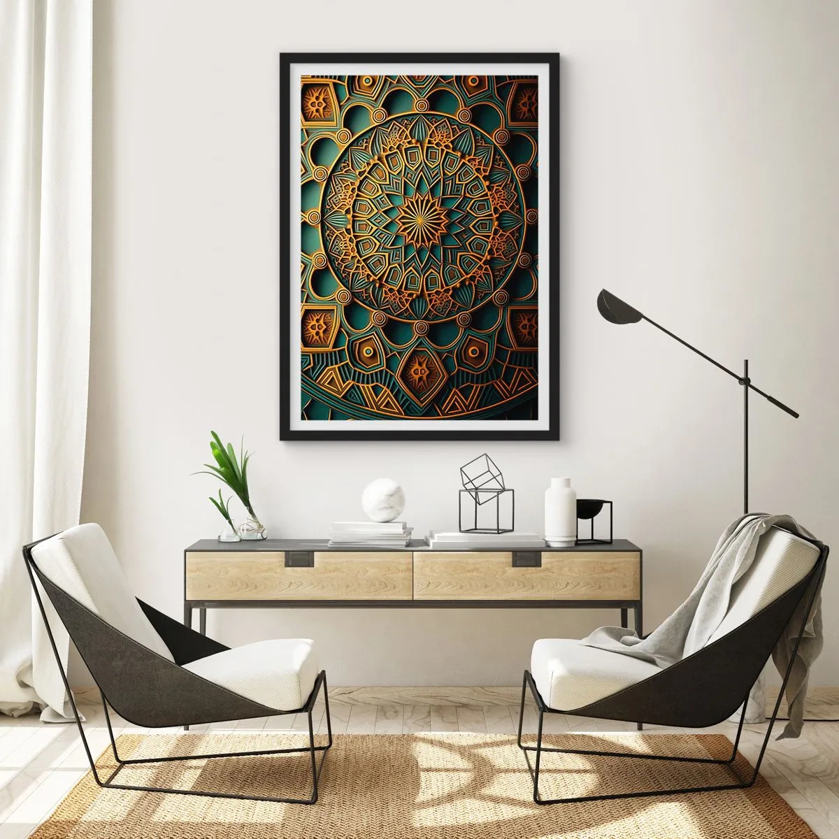 Affiche dans un cadre noir - Poster - Mandala doré sur fond sombre - 50x70cm - Dans une ambiance arabe - Décoration murale moderne pour le salon et la chambre ARTTOR