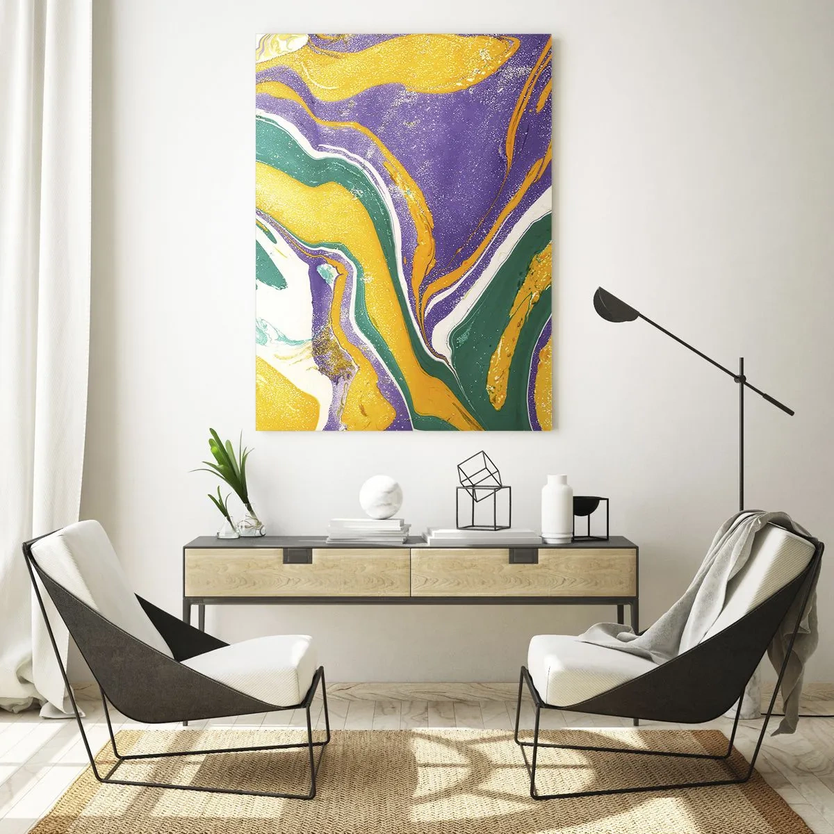 Impression sur verre - Image sur verre - Motif de vagues abstrait en jaune, violet et vert - 50x70cm - Ondes de couleur - Décoration murale moderne pour le salon et la chambre ARTTOR