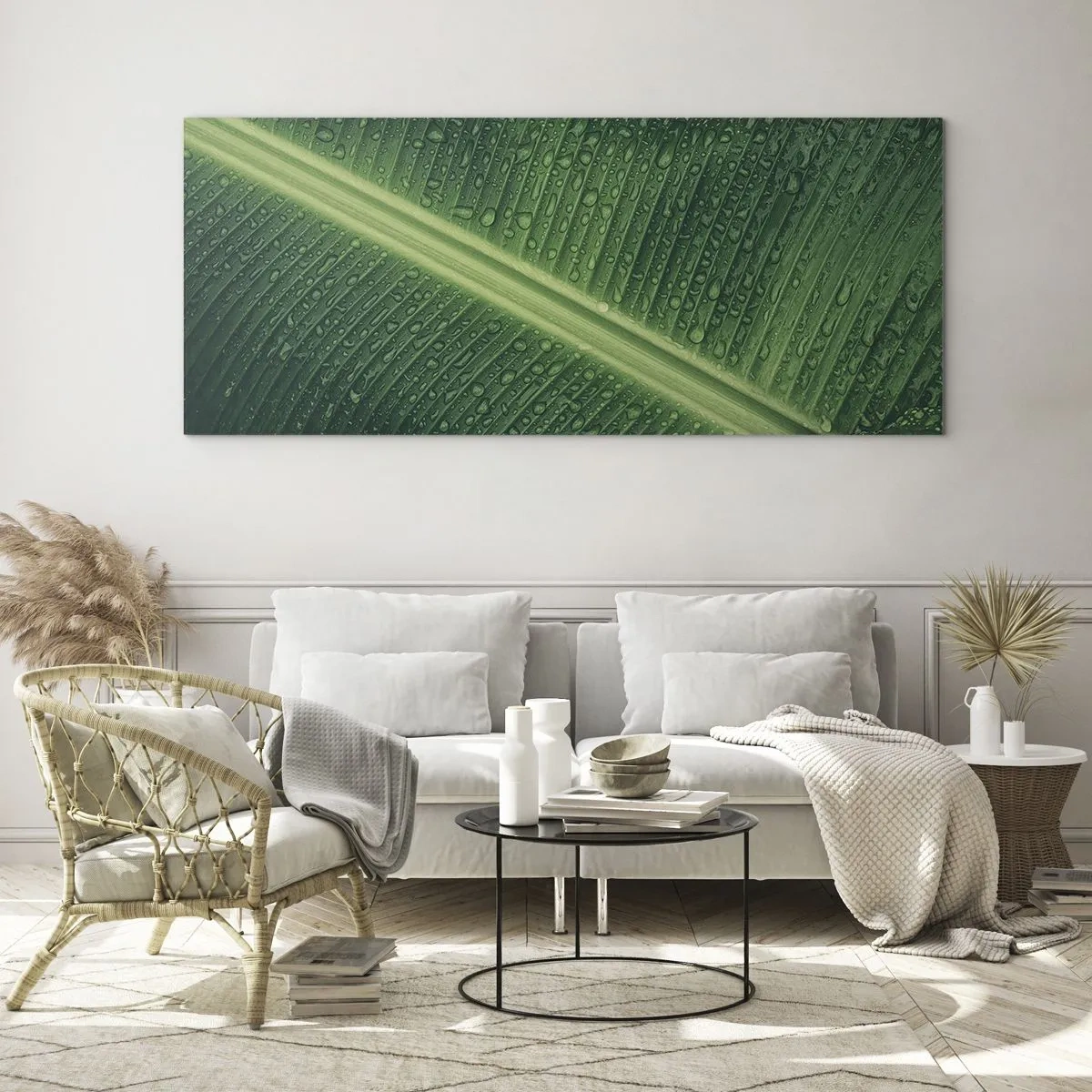 Impression sur verre - Image sur verre - Une feuille verte avec des gouttes d'eau à sa surface - 160x50cm - Structure de vert - Décoration murale moderne pour le salon et la chambre ARTTOR