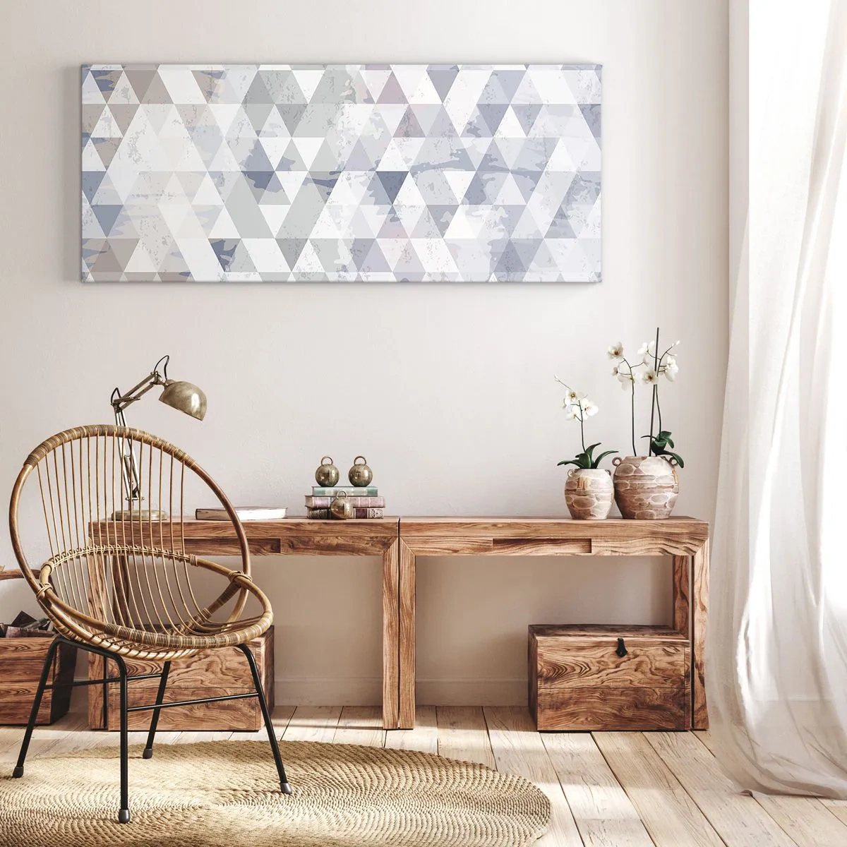 Impression sur toile - Image sur toile - Motif géométrique triangulaire dans des tons pastel - 120x50cm - En rythme de trois - Décoration murale moderne pour le salon et la chambre ARTTOR