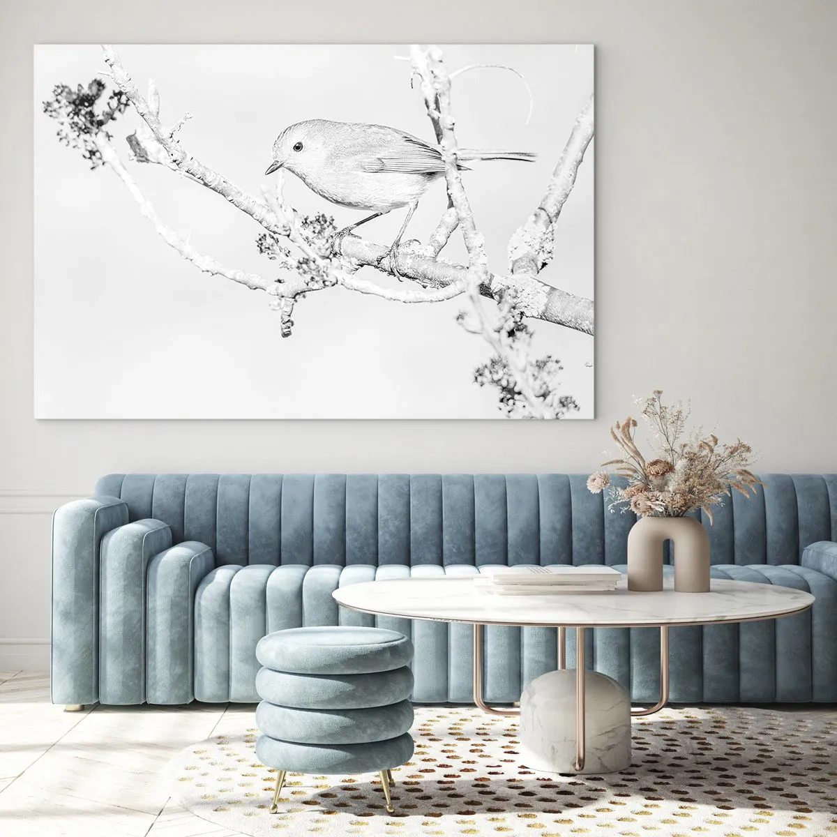 Impression sur verre - Image sur verre - Un oiseau perché sur une branche dans une scène hivernale monochrome. - 70x50cm - Matin d'hiver - Décoration murale moderne pour le salon et la chambre ARTTOR