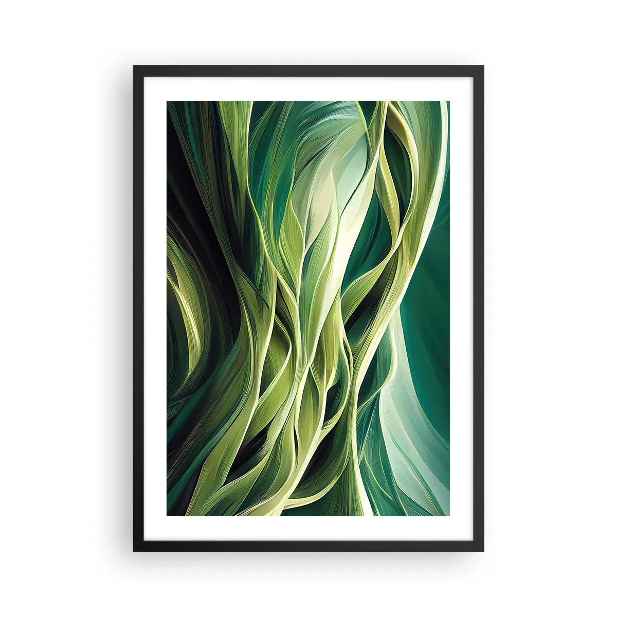 Affiche dans un cadre noir - Poster - Une composition abstraite de formes organiques et vertes. - 50x70cm - Jeu de vert abstrait - Décoration murale moderne pour le salon et la chambre ARTTOR