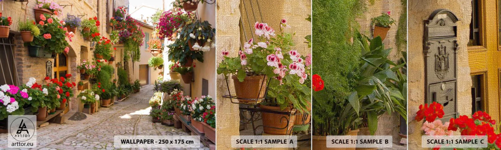 Échantillon de Papier Peint Premium Canvas - Une inondation de fleurs  - Ville, Italie, Belles rues - 100x30 cm