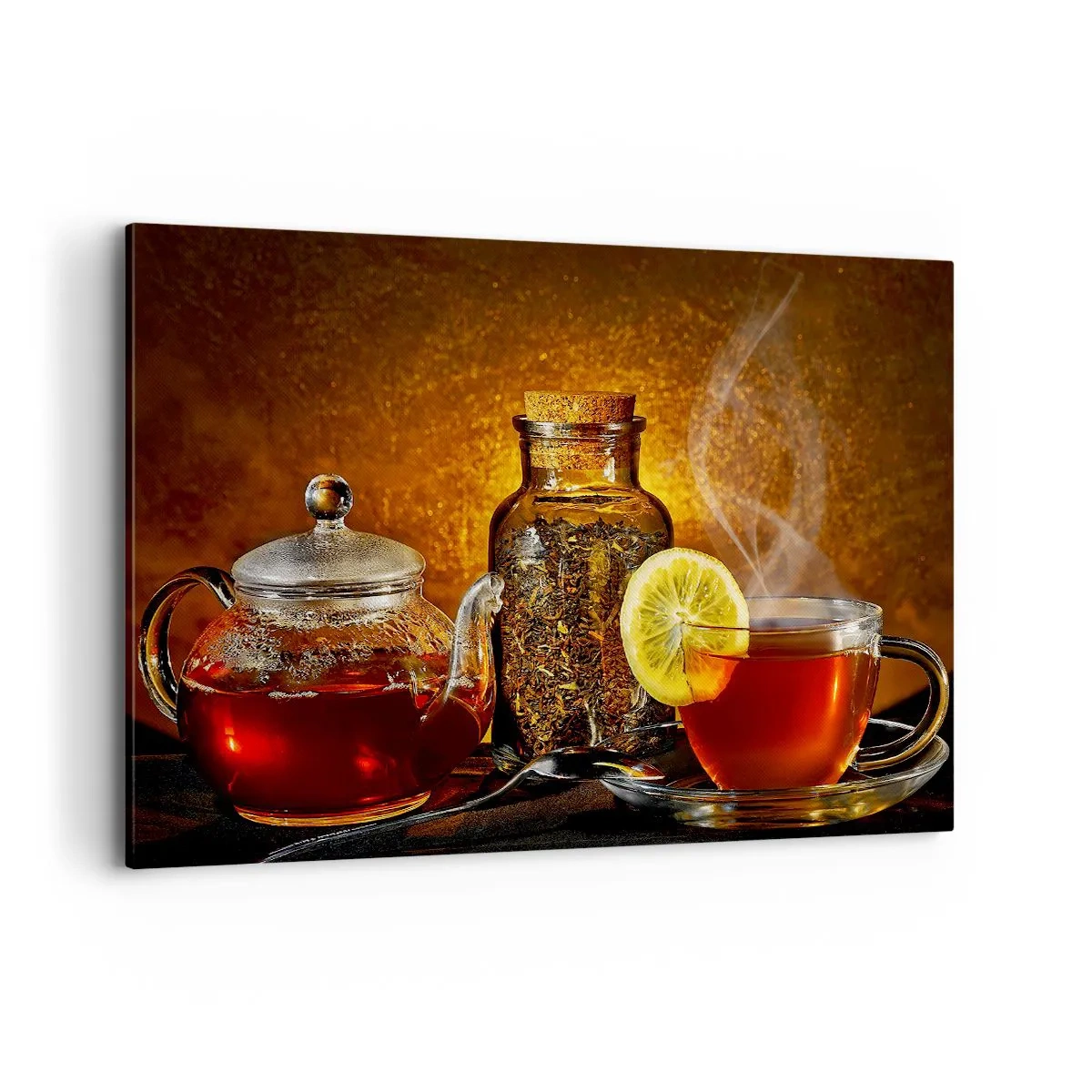 Impression sur toile - Image sur toile - Thé dans une carafe en verre avec du citron et du thé en vrac - 120x80cm - Dans le style des maîtres hollandais - Décoration murale moderne pour le salon et la chambre ARTTOR