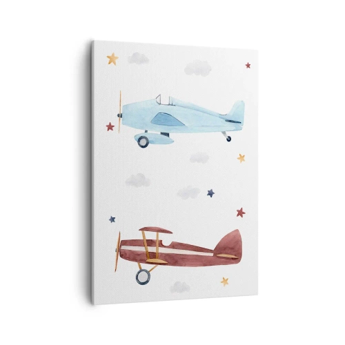 Impression sur toile - Image sur toile - Avions peints à la main sur fond de nuages et d'étoiles - 50x70cm - Monsieur le pilote, nous vous attendons ! - Décoration murale moderne pour le salon et la chambre ARTTOR