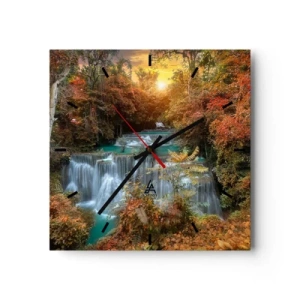 Horloge murale - Pendule murale - Cascade d'automne entourée d'arbres colorés au soleil - 30x30cm - Trésor caché de la forêt - Décoration murale moderne pour le salon et la chambre ARTTOR