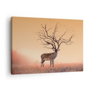 Impression sur toile - Image sur toile - Un graphique de cerf fantaisie avec des branches au lieu de bois - 70x50cm - Cerf de Pra - l'esprit éternel de la forêt - Décoration murale moderne pour le salon et la chambre ARTTOR