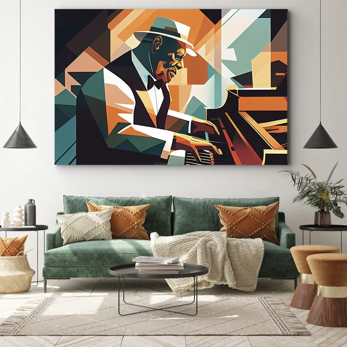 Impression sur toile - Image sur toile - Musicien abstrait jouant du piano dans des couleurs chaudes. - 70x50cm - C’est tout le jazz - Décoration murale moderne pour le salon et la chambre ARTTOR
