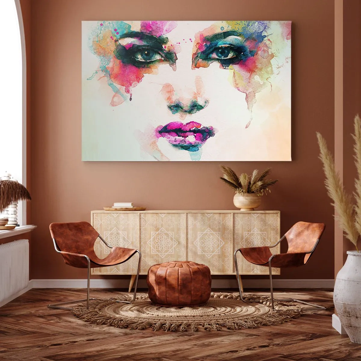 Impression sur toile - Image sur toile - Portrait abstrait d'une femme aux couleurs intenses - 100x70cm - Un portrait peint avec un arc-en-ciel - Décoration murale moderne pour le salon et la chambre ARTTOR