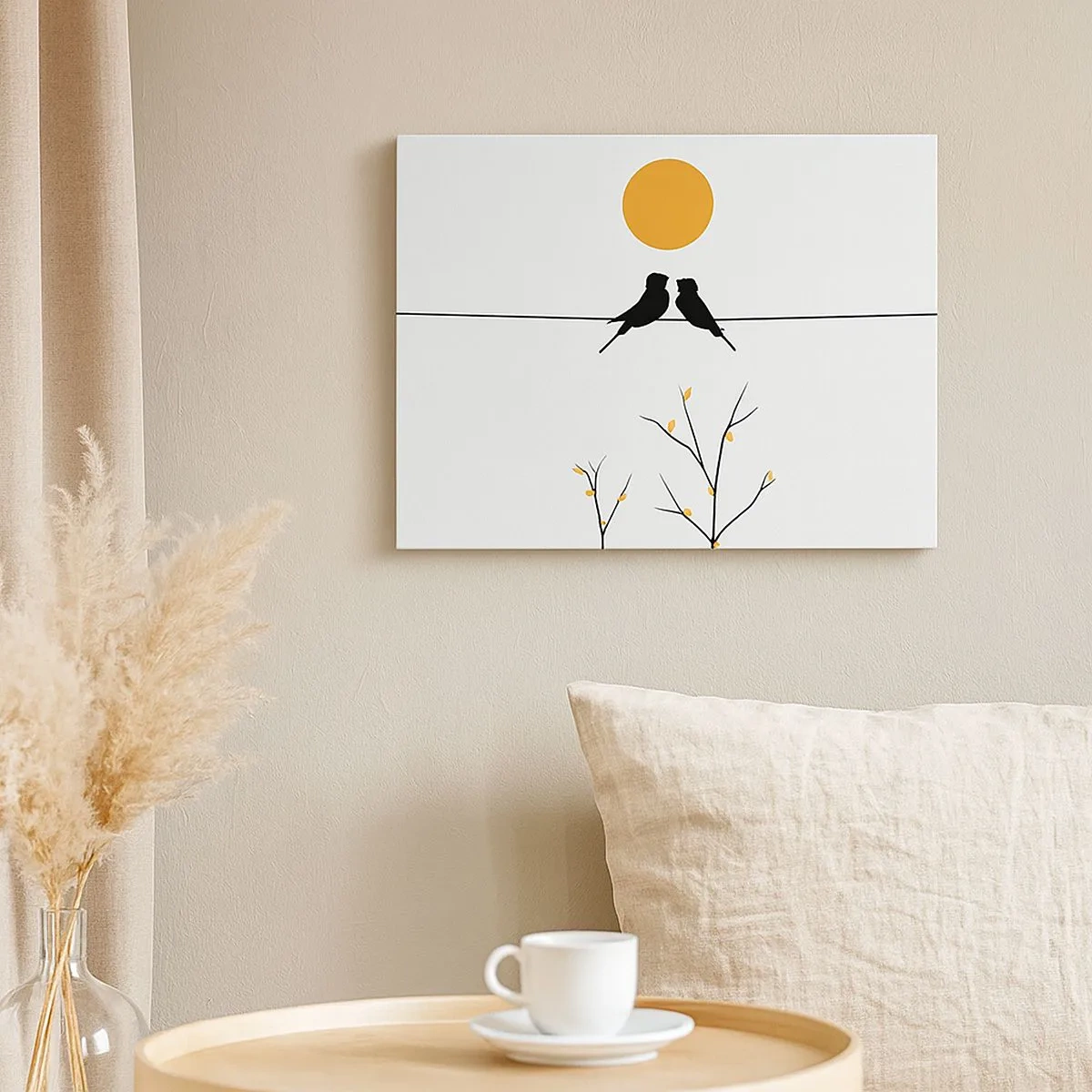 Impression sur toile - Image sur toile - Oiseaux sur une ligne avec un soleil jaune - 70x50cm - Soirée pour rossignols - Décoration murale moderne pour le salon et la chambre ARTTOR