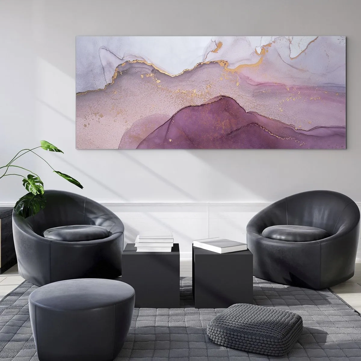 Impression sur verre - Image sur verre - Une composition abstraite dans des tons de violet et d'or. - 160x50cm - Vagues lilas et violettes - Décoration murale moderne pour le salon et la chambre ARTTOR