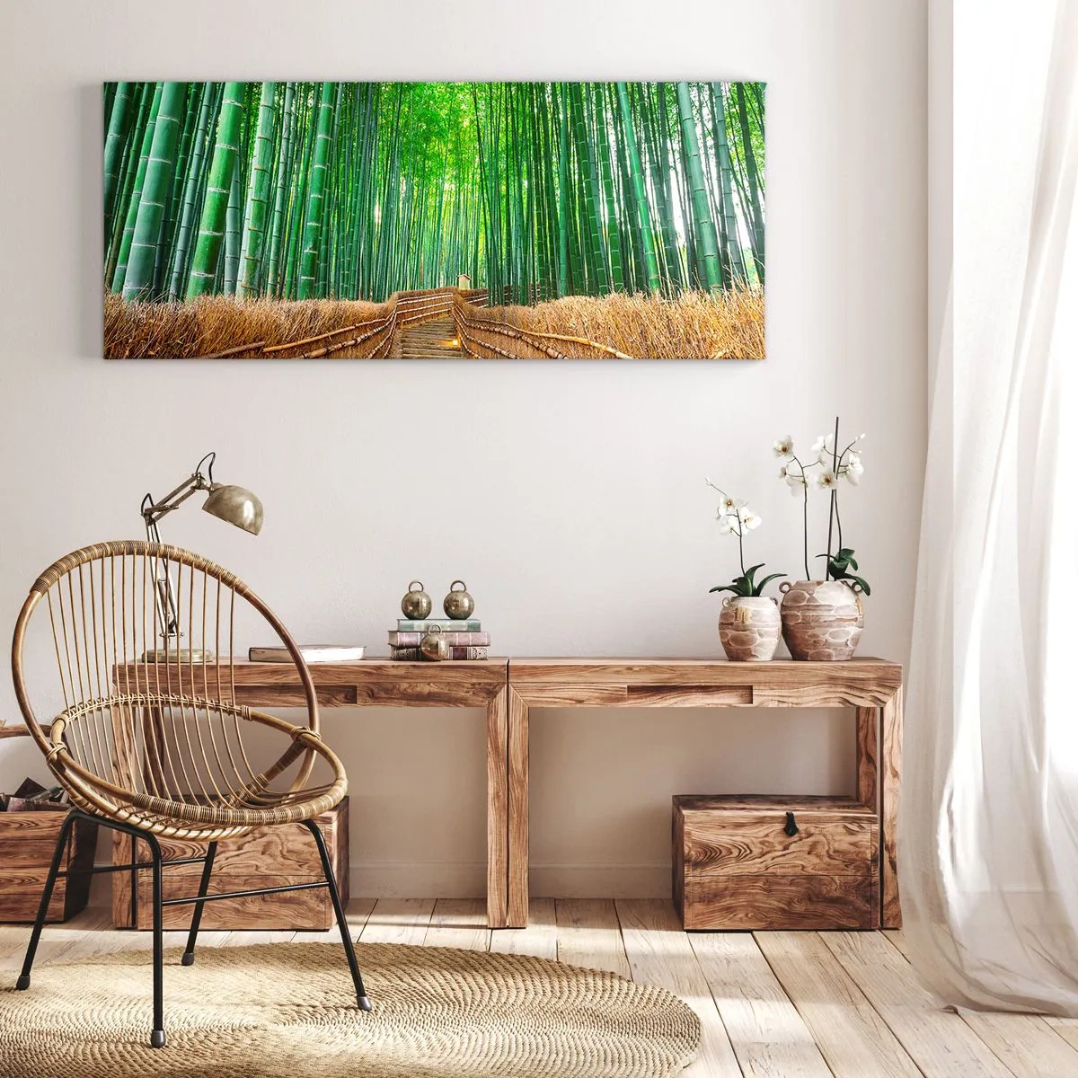 Impression sur toile - Image sur toile - Un chemin dans une dense forêt de bambous - 120x50cm - L'essence de la nature asiatique - Décoration murale moderne pour le salon et la chambre ARTTOR