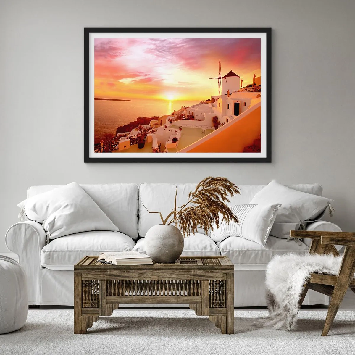 Affiche dans un cadre noir - Poster - Santorin au coucher du soleil avec un moulin à vent - 100x70cm - Fondre en blanc et or - Décoration murale moderne pour le salon et la chambre ARTTOR