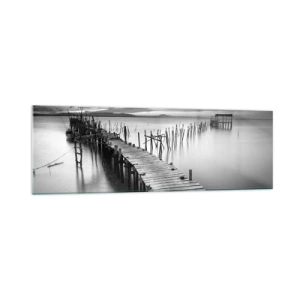 Impression sur verre - Image sur verre - Une jetée en bois sur un lac calme dans des tons de gris - 160x50cm - La paix d'un rivage oublié - Décoration murale moderne pour le salon et la chambre ARTTOR