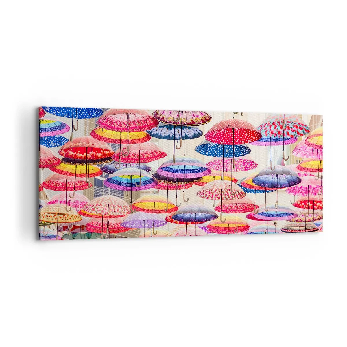 Impression sur toile - Image sur toile - Parapluies colorés suspendus dans les airs - 120x50cm - Prairie de la ville - Décoration murale moderne pour le salon et la chambre ARTTOR
