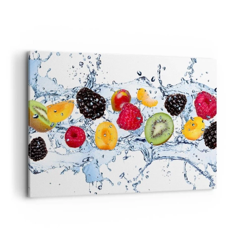 Impression sur toile - Image sur toile - Fruits colorés immergés dans des éclaboussures d'eau sur un fond blanc - 120x80cm - Amusez-vous avec nous - Décoration murale moderne pour le salon et la chambre ARTTOR