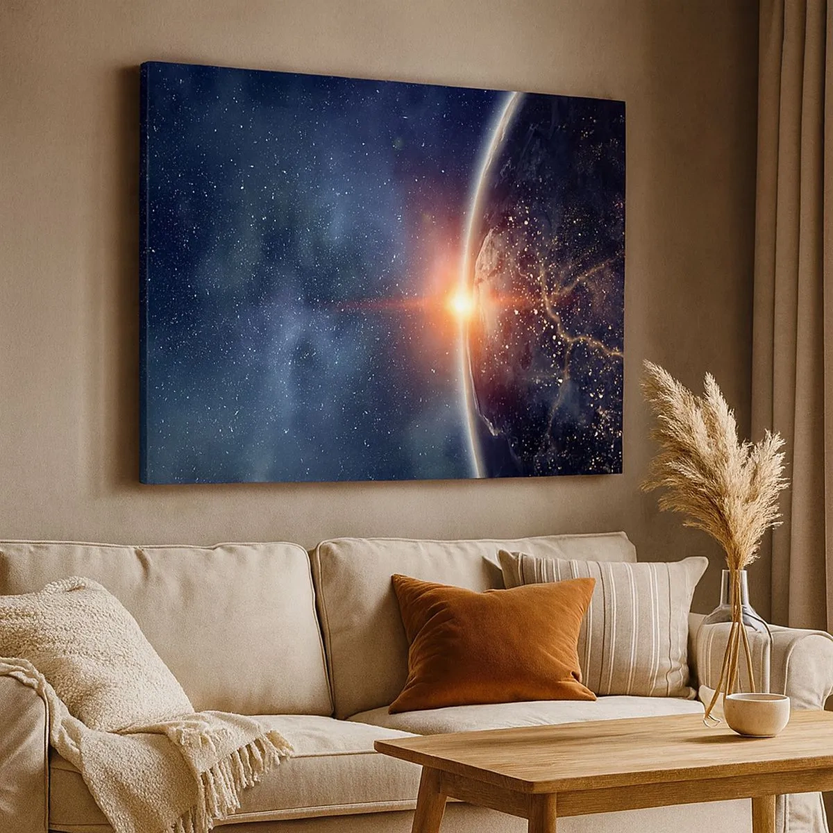 Impression sur toile - Image sur toile - La Terre vue de l'espace avec le soleil levant - 70x50cm - Dans une nouvelle perspective - Décoration murale moderne pour le salon et la chambre ARTTOR