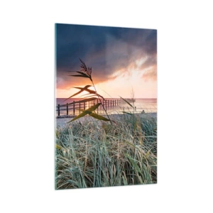 Impression sur verre - Image sur verre - Plage au coucher du soleil avec des herbes au premier plan - 70x100cm - Ça ne passe pas avec le vent - Décoration murale moderne pour le salon et la chambre ARTTOR