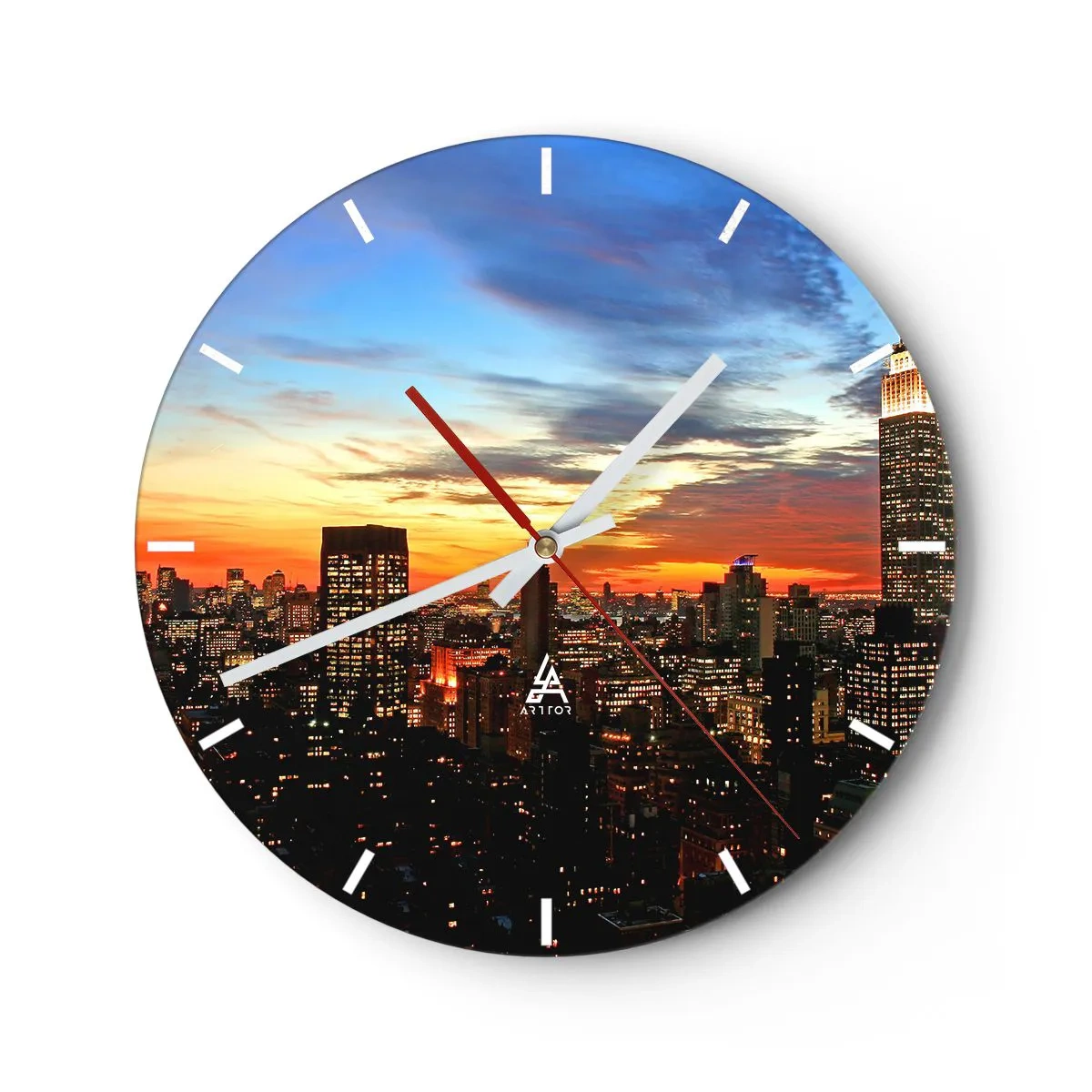 Horloge murale - Pendule murale - Panorama de la ville au coucher du soleil avec un ciel clair - 30x30cm - Nuit américaine lumineuse - Décoration murale moderne pour le salon, la cuisine et la chambre ARTTOR