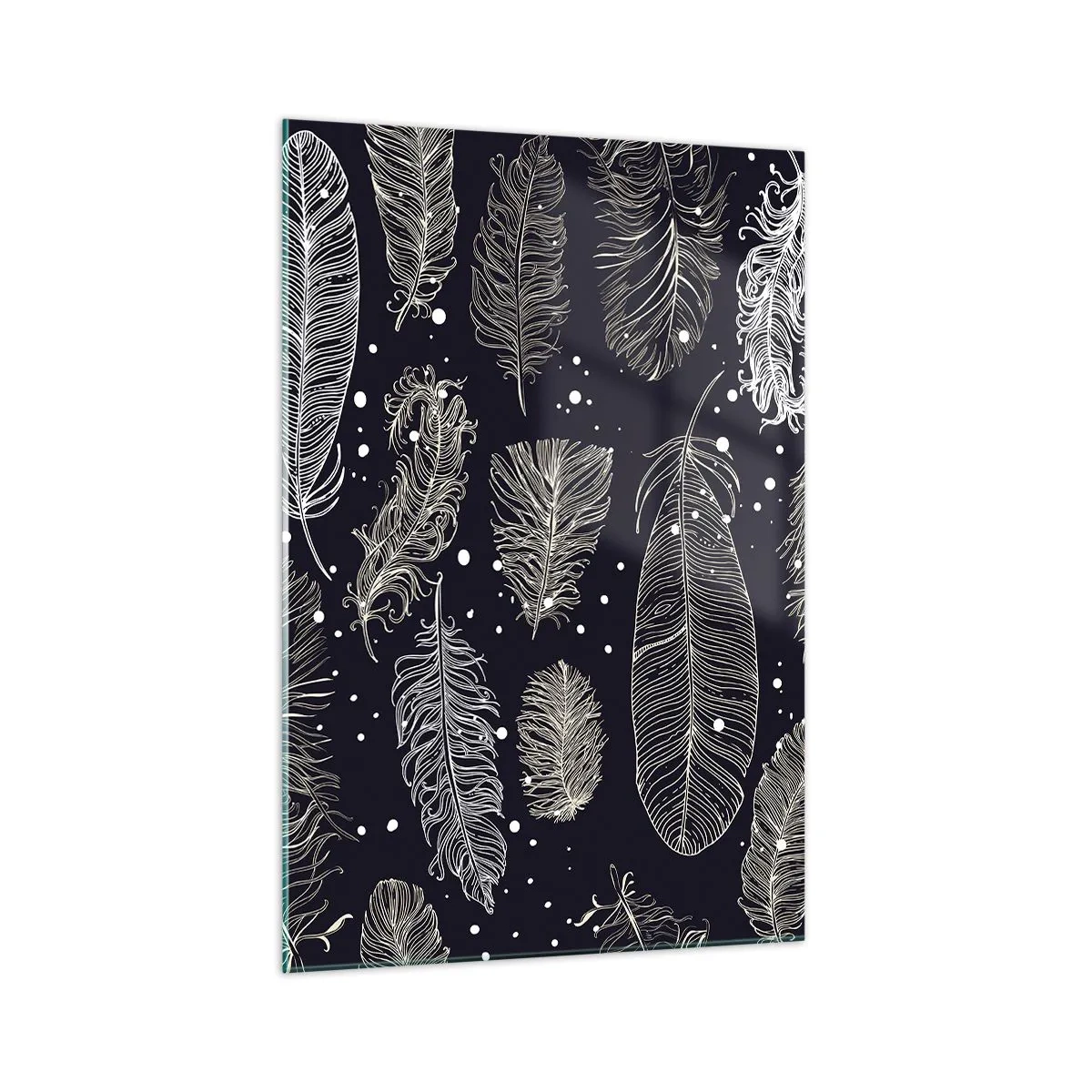 Impression sur verre - Image sur verre - Plumes blanches délicates sur fond bleu marine - 70x100cm - Toile de plumes - Décoration murale moderne pour le salon et la chambre ARTTOR