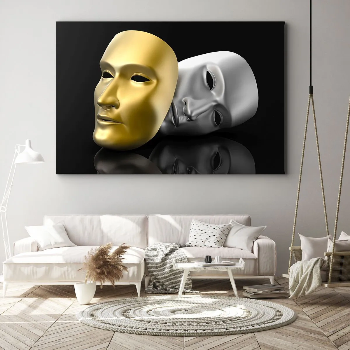 Impression sur toile - Image sur toile - Masque d'or et d'argent sur fond noir - 120x80cm - La vie est un théâtre - Décoration murale moderne pour le salon et la chambre ARTTOR