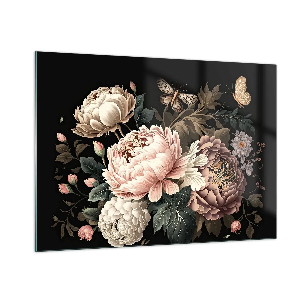 Impression sur verre - Image sur verre - Composition florale avec des papillons sur fond noir - 100x70cm - De style baroque - Décoration murale moderne pour le salon et la chambre ARTTOR