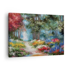 Impression sur toile - Image sur toile - Un jardin pittoresque rempli de fleurs et d'arbres colorés dans un cadre forestier - 70x50cm - Jardin forestier, forêt de fleurs - Décoration murale moderne pour le salon et la chambre ARTTOR