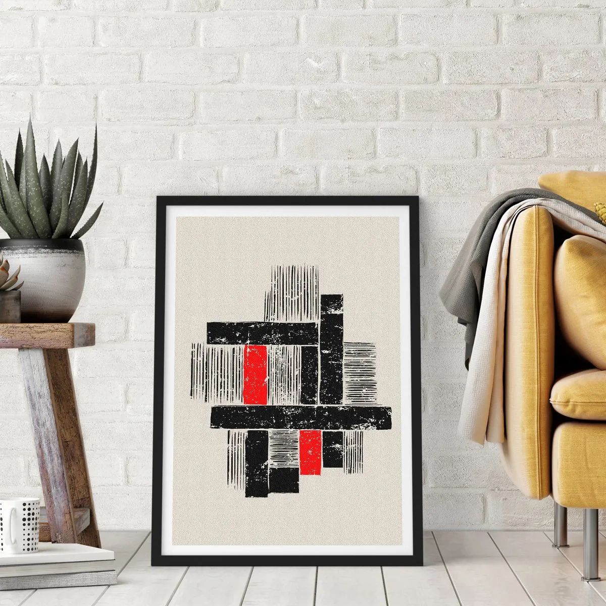 Affiche dans un cadre noir - Poster - Abstraction géométrique en noir, rouge et beige - 50x70cm - En rouge et noir - Décoration murale moderne pour le salon et la chambre ARTTOR
