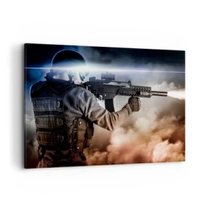 Impression sur toile - Image sur toile - Un soldat en action avec un fusil sur fond de nuages et de lumière. - 120x80cm - Tout simplement un héros - Décoration murale moderne pour le salon et la chambre ARTTOR