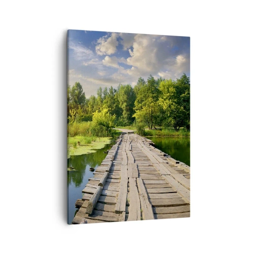 Impression sur toile - Image sur toile - Un paysage pittoresque avec un pont et un cygne - 50x70cm - L'été, l'été partout - Décoration murale moderne pour le salon et la chambre ARTTOR