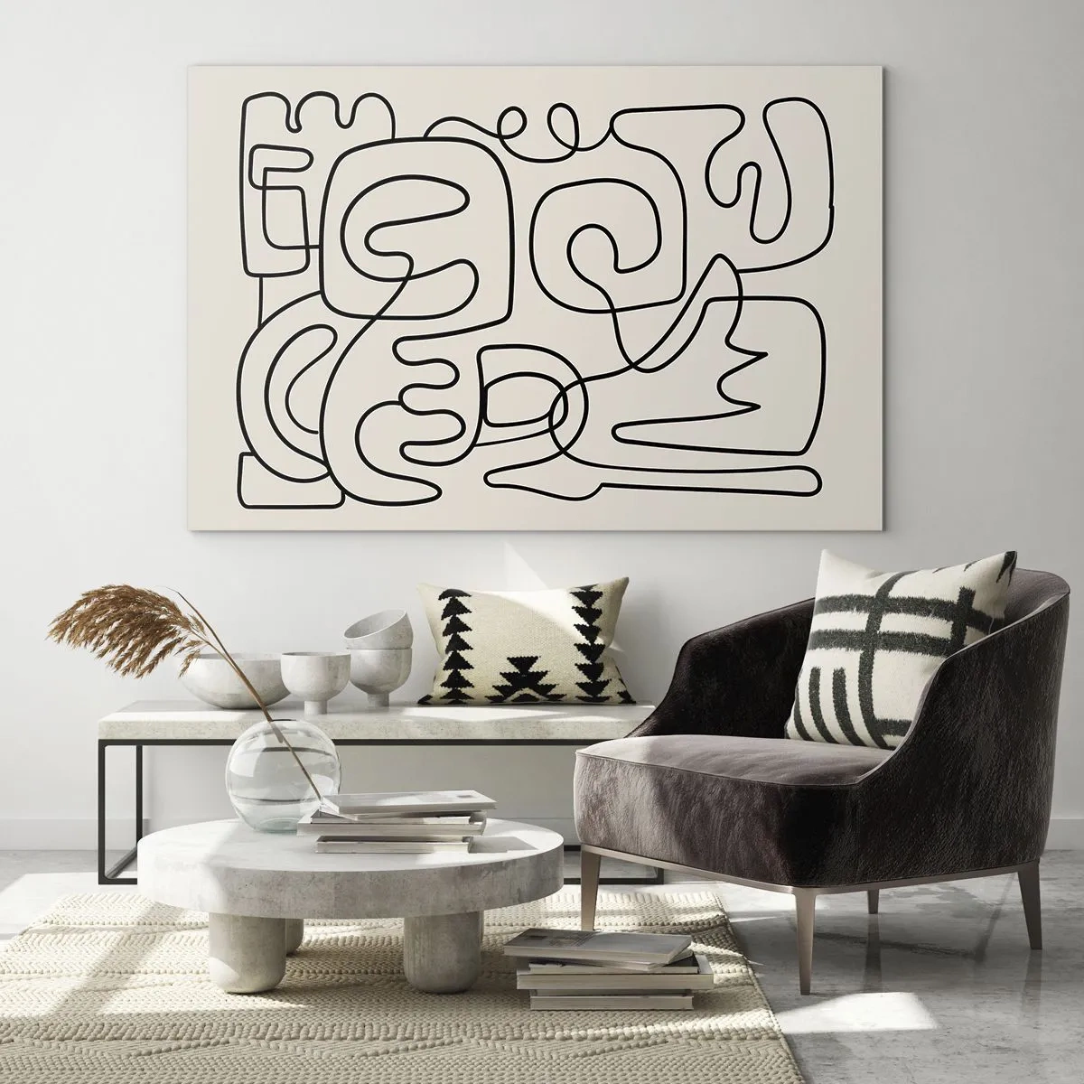 Impression sur verre - Image sur verre - Des lignes abstraites noires forment un motif complexe sur fond beige - 70x50cm - Suivez les indices - Décoration murale moderne pour le salon et la chambre ARTTOR