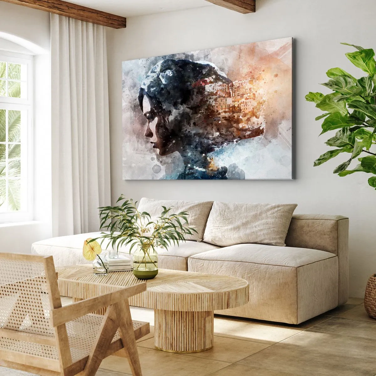 Impression sur toile - Image sur toile - Portrait d'une femme combinant son visage avec un paysage urbain en arrière-plan - 70x50cm - L'histoire d'une fille avec une ville en arrière-plan - Décoration murale moderne pour le salon et la chambre ARTTOR