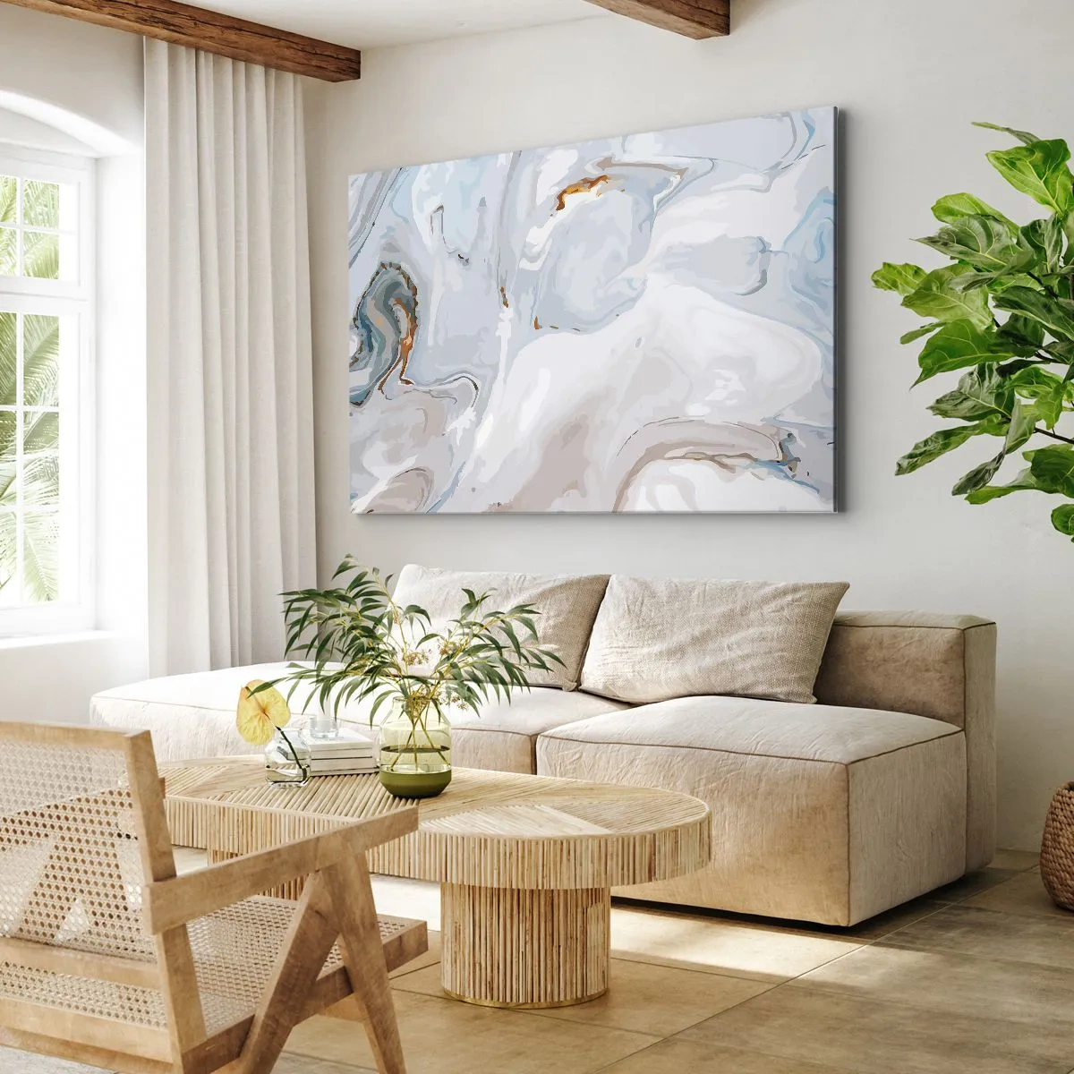 Impression sur toile - Image sur toile - Vagues abstraites dans des tons de bleu et de blanc - 70x50cm - Blanc surélevé - Décoration murale moderne pour le salon et la chambre ARTTOR