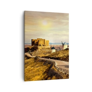 Impression sur toile - Image sur toile - Moulins à vent sur les collines avec un château historique en arrière-plan - 50x70cm - Don Quichotte est sur le point d'arriver - Décoration murale moderne pour le salon et la chambre ARTTOR