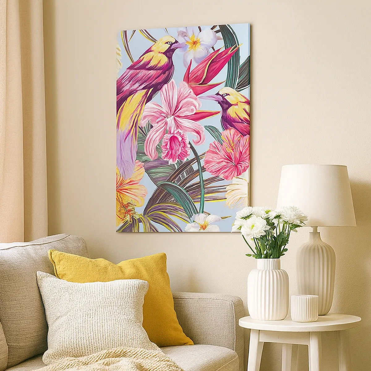 Impression sur toile - Image sur toile - Oiseaux exotiques parmi les fleurs tropicales - 50x70cm - Pétales et plumes - Décoration murale moderne pour le salon et la chambre ARTTOR