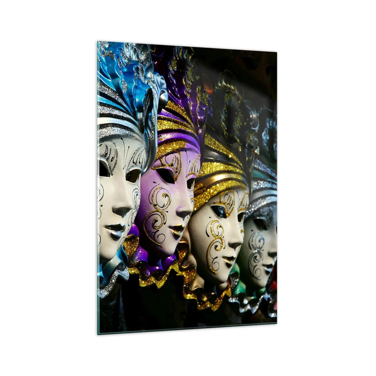 Impression sur verre - Image sur verre - Masques vénitiens de différentes couleurs avec des motifs décoratifs - 70x100cm - Mystère en or et argent - Décoration murale moderne pour le salon et la chambre ARTTOR