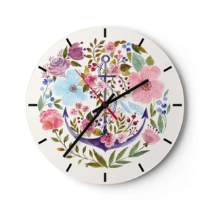 Horloge murale - Pendule murale - Une ancre violette entourée de fleurs colorées - 30x30cm - Le beau rêve du marin - Décoration murale moderne pour le salon, la cuisine et la chambre ARTTOR