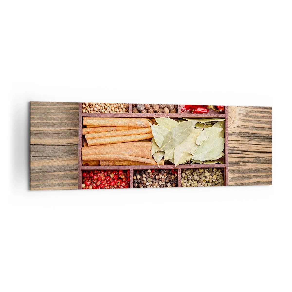 Impression sur toile - Image sur toile - Boîte en bois avec diverses épices dans des compartiments - 160x50cm - Ordre des formes, bouquet d'arômes - Décoration murale moderne pour le salon et la chambre ARTTOR
