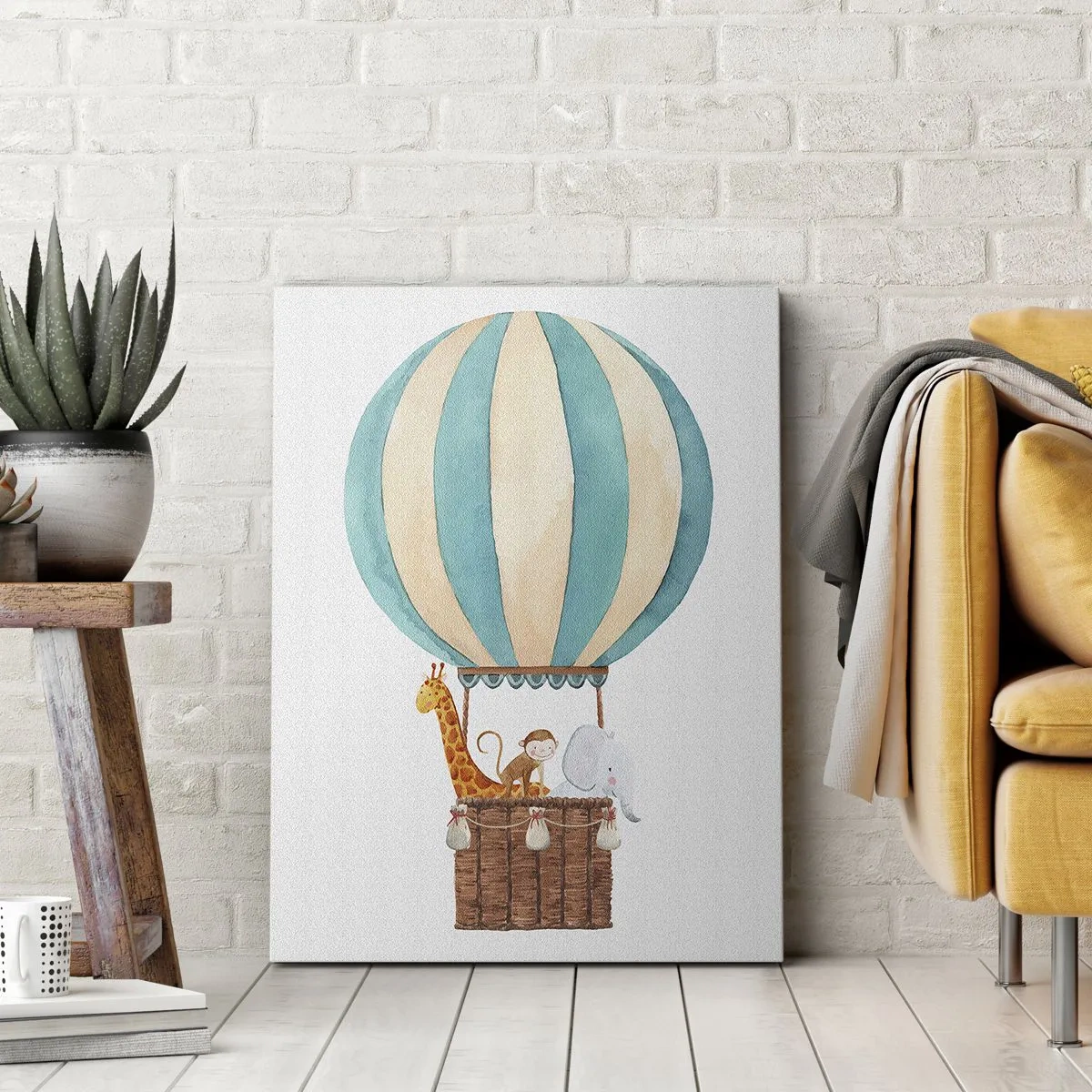 Impression sur toile - Image sur toile - Un ballon avec des animaux mignons aux couleurs pastel - 50x70cm - Voyage fantastique - Décoration murale moderne pour le salon et la chambre ARTTOR